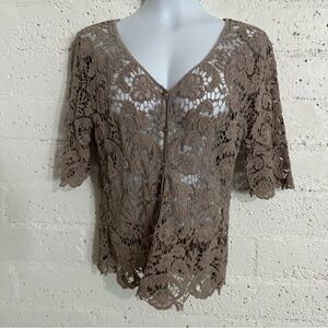 Questions by Say What? Top L Tan Lace Button Front V Neck Boho Floral Sheer AC10